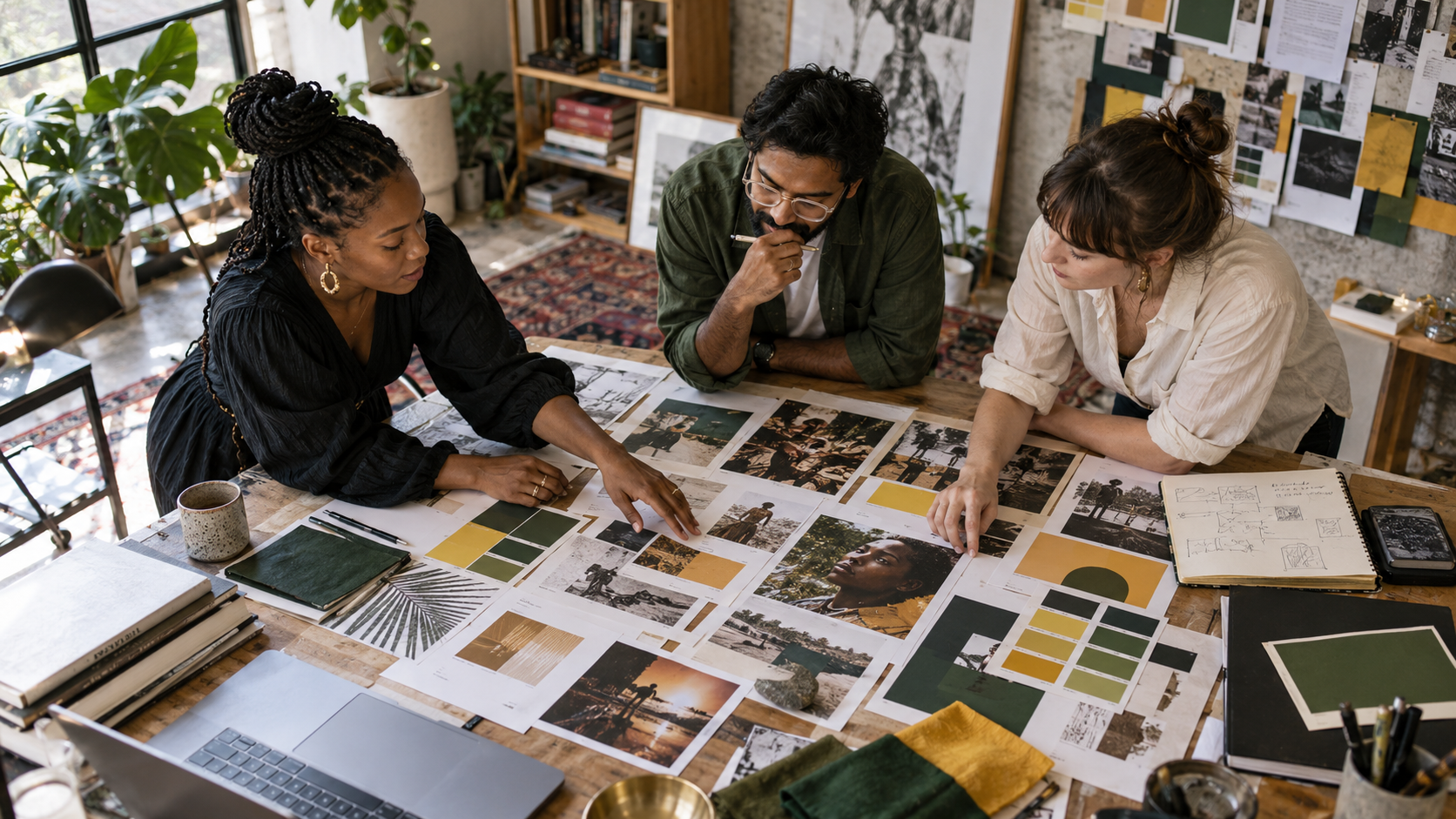 Illustrative creative studio scene with collaborators reviewing print designs and colour palettes