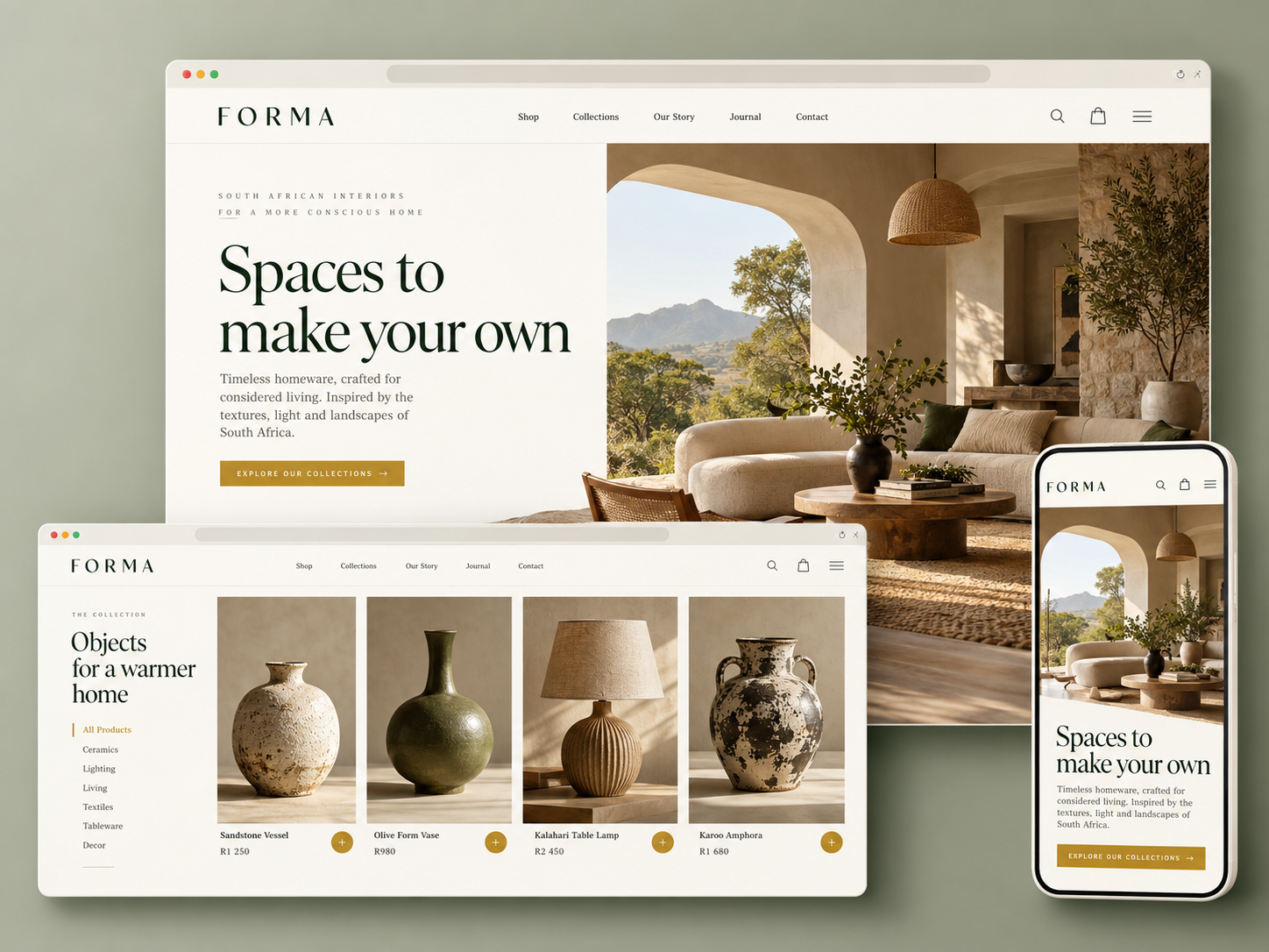 Layered homepage, product collection and mobile website concept for the fictional Forma homeware brand