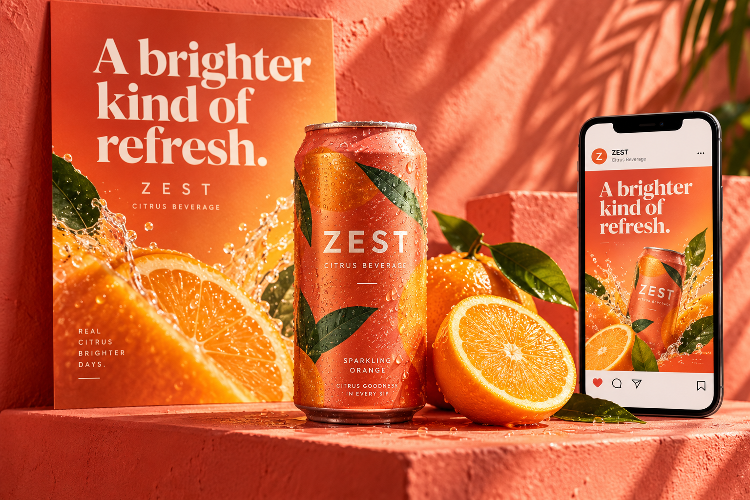 Fictional Zest beverage campaign with colourful product and social advertising